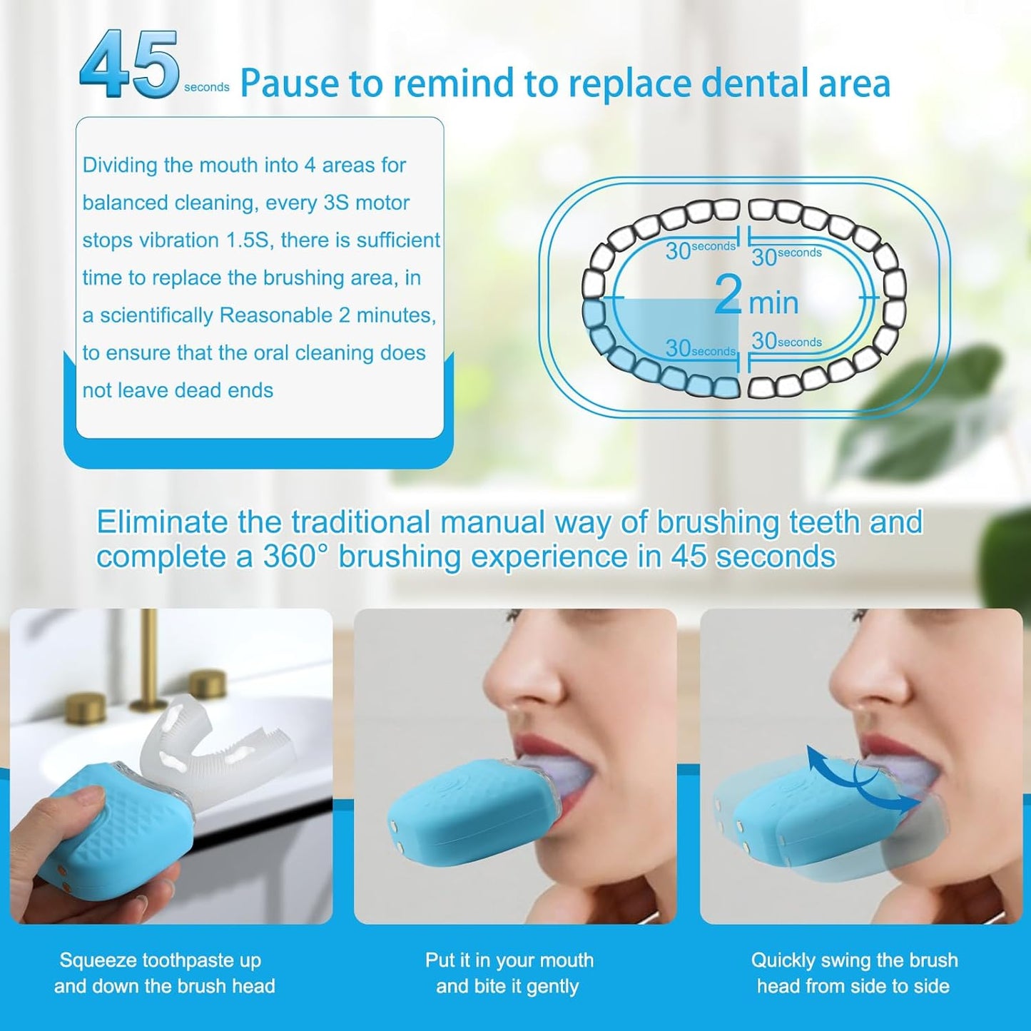 Ultrasonic Electric Toothbrush,U-Shaped Automatic Toothbrush 360° Cleaning with UV Light with 4 Clearing Gear, Washable Travel Home Dual-Use
