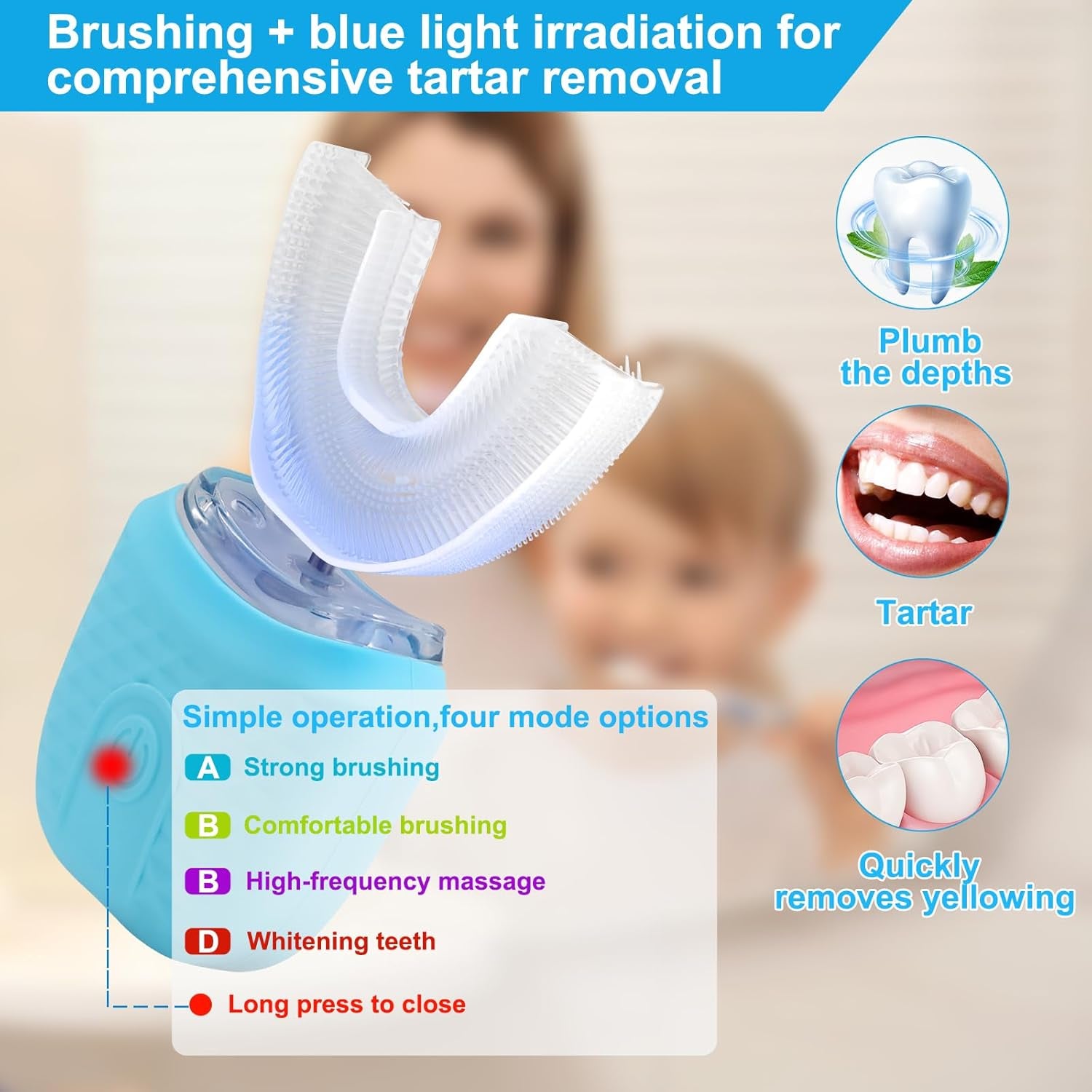 Ultrasonic Electric Toothbrush,U-Shaped Automatic Toothbrush 360° Cleaning with UV Light with 4 Clearing Gear, Washable Travel Home Dual-Use