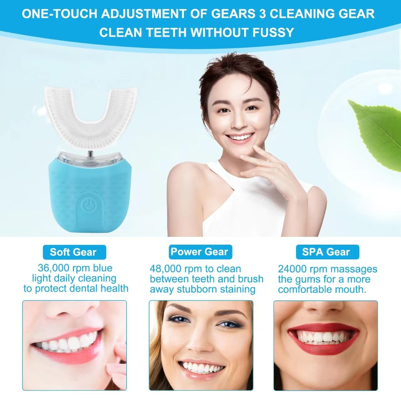 Ultrasonic Electric Toothbrush,U-Shaped Automatic Toothbrush 360° Cleaning with UV Light with 4 Clearing Gear, Washable Travel Home Dual-Use